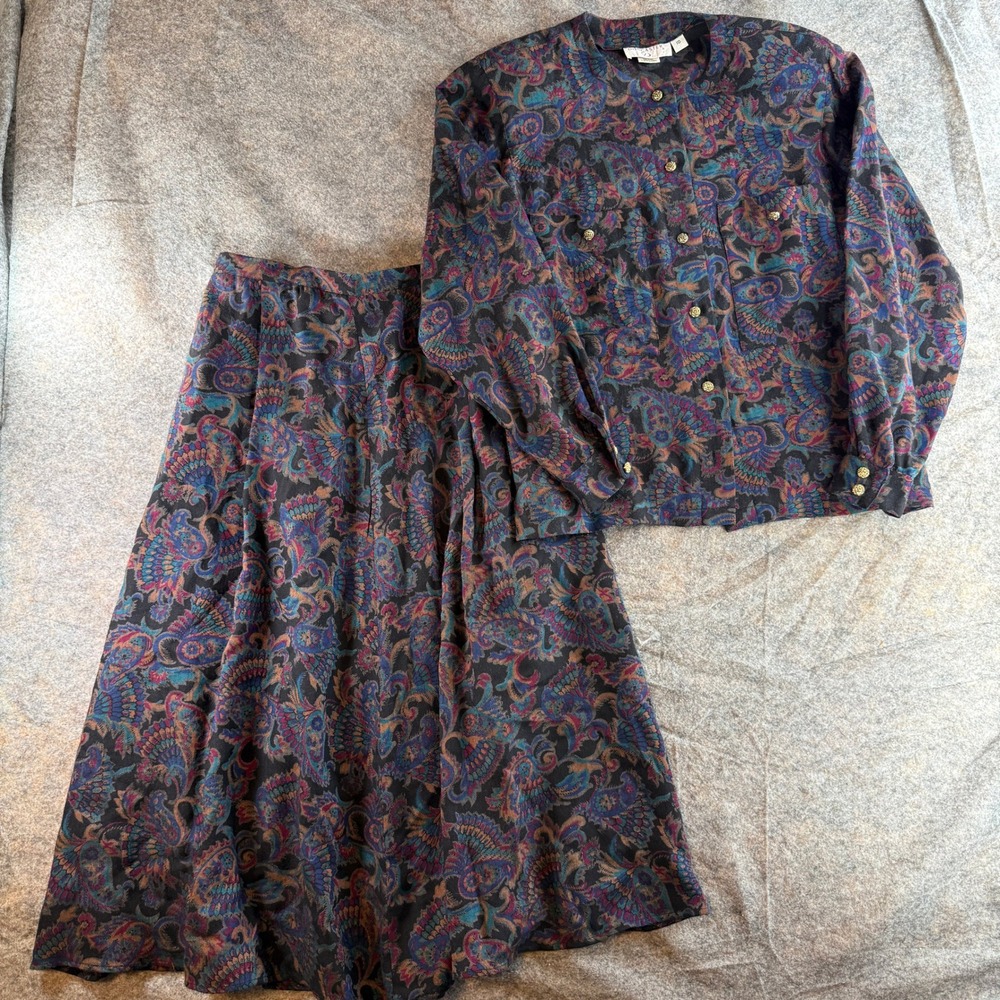Doncaster Skirt Set 2 Piece Women 10 Skirt Jacket 12 Paisley Vtg Blouse Midi